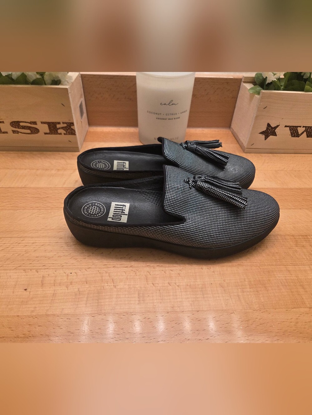 FitFlop Women's Superskate Mules Black/Silver Houndstooth Comfort Shoes Sz 6.5
